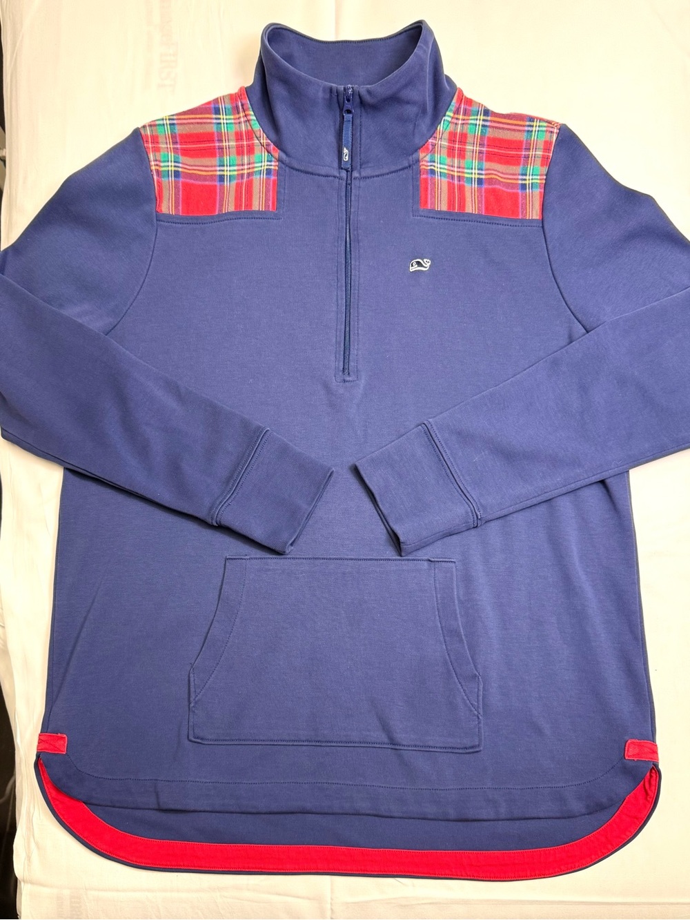 Vineyard Vines Shep Shirt Medium Navy Red Tartan Plaid Quarter Zip Pullover